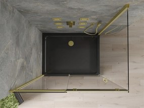 Mexen Omega, sprchový kút s posuvnými dverami 120 (dvere) x 80 (stena) cm, 8mm číre sklo, zlatý profil + slim sprchová vanička čierna + zlatý sifón, 825-120-080-50-00-4070G