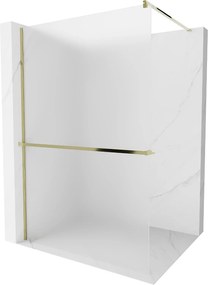 Mexen Kioto+, sprchová zástena s poličkou a držiakom na uteráky 110 x 200 cm, 8mm námraza sklo, zlatý profil, 800-110-121-50-30
