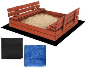 SPRINGOS Uzavreté drevené pieskovisko s lavičkami 120x120 cm – impregnované drevo, s plachtou a netkanou textíliou SBP120SET02