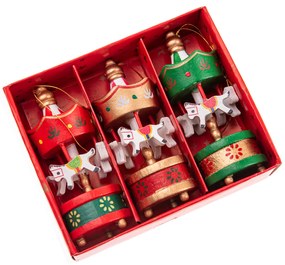 Drevené vianočné ozdoby Kolotoč s koníkmi 8 cm, SET 3 KS