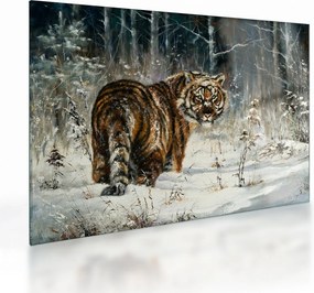 Sklenený obraz - Tiger v zasneženom lese, olejomaľba (70x50 cm)