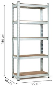 Skladový regál 180x90x40 cm, pozinkovaný kov, 5 políc, nosnosť 875 kg, ModernHome
