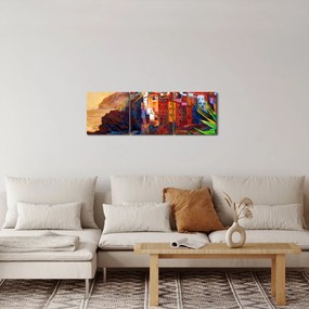 Obraz - Dedina na pobreží Cinque Terre, Talianska riviéra, moderný impresionizmus (s hodinami) (90x30 cm)