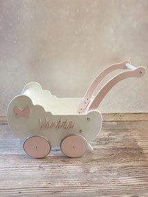 Drevený kočík pre bábiky s dekoráciou biela + ružová