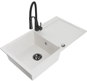 Mexen Leo, granitový drez 900x500x190 mm, 1-komorový a drezová batéria Aster, biela, 6501-20-73450-70-B