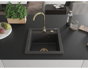 Mexen Vito, granitový drez 520x490x210 mm, 1-komorový, čierna škvrnitá so zlatým sifónom, 6503521000-76-G