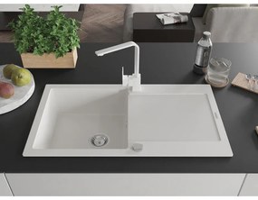 Mexen Leo, drez granitový 900x500x190 mm, 1-komorový, biely s chrómovým sifónom a biela drezová batéria Rita, 6501-20-670300-20