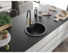 Mexen Diego, 1-komorový granitový drez 488x488x167 mm a drezová batéria Aster, čierna-strieborná metalíza, 6512-73-73450-57-B