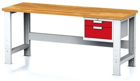 Nastaviteľný dielenský stôl MECHANIC I, závesný box na náradie, 2 zásuvky, 2000x685x700-1055 mm, červené dvere