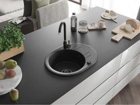 Mexen Kevin, granitový drez 586x458x190 mm, 1-komorový, čierna-strieborná metalíza s čiernym sifónom, 6517581005-73-B