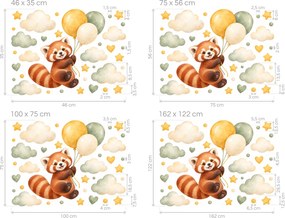 Panda červená s balónikmi horčicové a šalviové akvarelové nálepky na stenu pre deti arch 46 x 35 cm