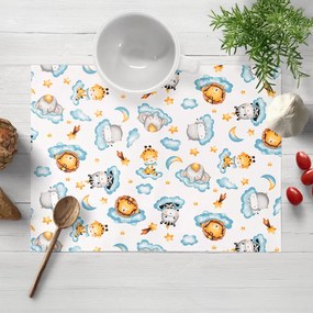 Biante Detské bavlnené prestieranie na stôl Sandra SA-693 Africké zvieratká na modrých obláčikoch na bielom 30x40 cm