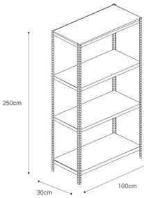 Bezskrutkový kovový regál 250x100x30cm L profil, 4 police