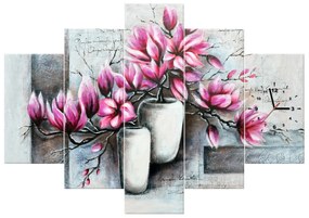 Gario Obraz s hodinami Ružové magnólie vo váze - 5 dielny Rozmery: 150 x 70 cm