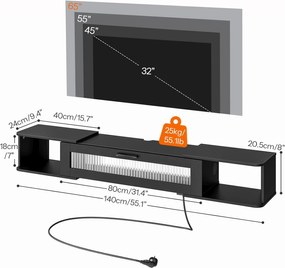 Závesný TV stolík Browny 140 cm s LED osvetlením čierny