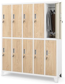 Kovová šatňová boxová skriňa na nôžkach s 10 boxami BARTEK, 1360 x 1720 x 450 mm, Eco Design: biela/ dub sonoma