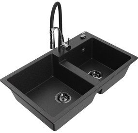 Mexen Tomas, 2-komorový granitový drez 800x500x190 mm a drezová batéria Aster, čierna-strieborná metalíza, 6516-73-73450-07-B
