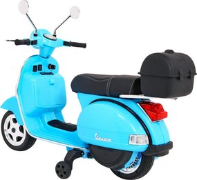 Ramiz Elektrický skúter Vespa pre deti modrý + pomocné kolieska + audio + ekokoža + EVA + plynulý štart