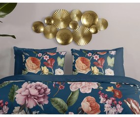 Tmavomodré obliečky na dvojlôžko/predĺžené z bavlneného saténu 200x220 cm Fiori – Descanso