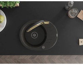 Mexen Kevin, granitový drez 586x458x190 mm, 1-komorový a biela batéria Duo, čierna-zlatá metalíza, 6517-75-671701-57-B