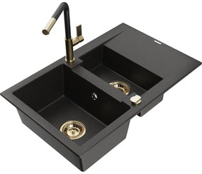 Mexen Gaspar, 1,5-komorový granitový drez 737x475x177 mm a drezová batéria Flora, čierna-zlatá metalíza, 6507-75-670401-57-G