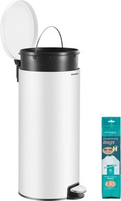 Kovový okrúhly kuchynský odpadkový kôš, 30 L, s pedálom, plastové vnútorné vedro, biela