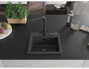 Mexen Milo, granitový drez 435x410x171 mm, 1-komorový a čierna batéria Duero, čierna škvrnitá, 6505-76-671600-70-B