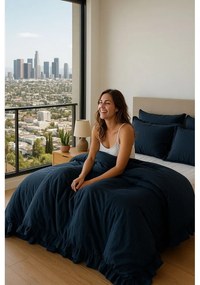 Tmavomodré obliečky na jednolôžko z bavlny Renforcé 140x200 cm Ruffle Striped – Mila Home Luxury