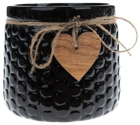 Keramický obal na kvetináč Wood heart čierna, 14 x 12,5 cm