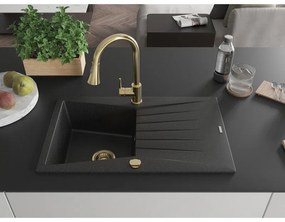 Mexen Cesar, 1-komorový granitový drez 775x470x190 mm a drezová batéria Elia, čierna-strieborná metalíza, 6514-73-670101-50