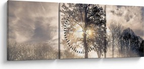 Obraz stromu v hmle (s hodinami) (90x30 cm)