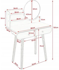 Biely škandinávsky toaletný stolík so zrkadlom 80x40x120 cm – 2 zásuvky