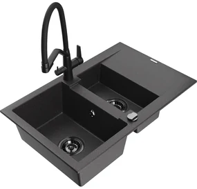 Mexen Gaspar, granitový drez 737x475x177 mm, 1,5-komorový a drezová batéria Duo, čierna škvrnitá, 6507-76-671701-70-B