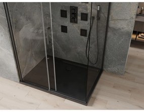 Mexen Omega, sprchovací kút s posuvnými dverami 100 (dvere) x 80 (stena) cm, 8mm číre sklo, čierny profil + slim sprchová vanička čierna s čiernym sifónom, 825-100-080-70-00-4070B