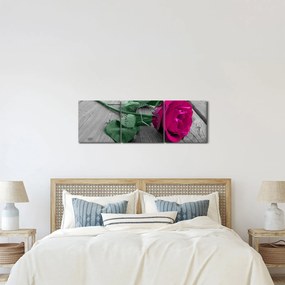 Obraz - Ružová ruža so zelenou stonkou (s hodinami) (90x30 cm)