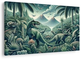 Obraz dinosaury v pralesnej krajine so sopkami