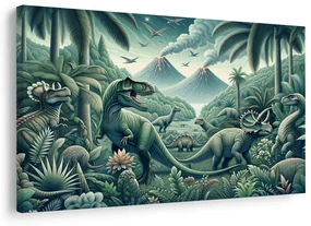 Obraz dinosaury v pralesnej krajine so sopkami