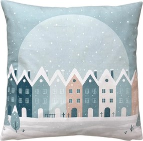 Modrý vankúš so zasneženými domčekmi - 45*45*4 cm