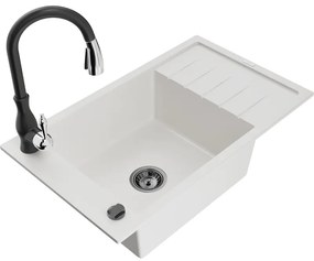 Mexen Elias, 1-komorový granitový drez 795x480x200 mm a drezová batéria Savita, biela, 6511-20-672601-70