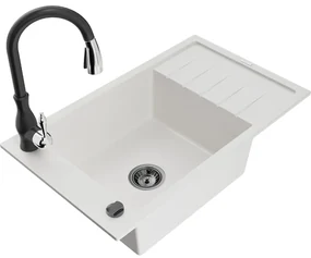 Mexen Elias, 1-komorový granitový drez 795x480x200 mm a drezová batéria Savita, biela, 6511-20-672601-70
