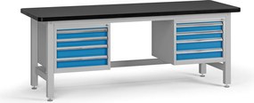 Pracovný stôl do dielne G4 s 2 závesnými boxami na náradie, MDF + PVC doska, 8 zásuviek, 2100 x 750 x 800 mm, modrá