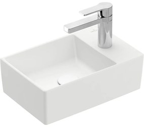 VILLEROY &amp; BOCH Memento 2.0 závesné umývadielko s otvorom vpravo (spodná strana brúsená), bez prepadu, 400 x 260 mm, Stone White, s povrchom CeramicPlus, 43234GRW