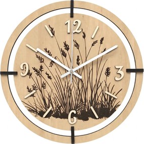 Drevené nástenné hodiny s motívom lúčnych tráv | LIANA: HDF - Javor 30 cm 4809-115521 HDF0705-ruky-silver