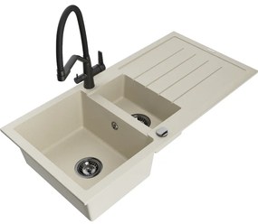 Mexen Andres, granitový drez 1000x500x200 mm, 1,5-komorový a drezová batéria Duo, béžová, 6515-69-671701-70-B