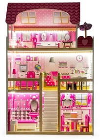 Drevený domček pre bábiky s LED osvetlením a nábytkom