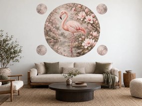 Plameniak medzi magnóliami vintage okrúhle nálepky na stenu do obývačky arch 46 x 46 cm