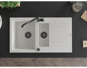 Mexen Matias, granitový drez 900x505x200 mm, 1,5-komorový a drezová batéria Carla, biela, 6502-20-670700-70