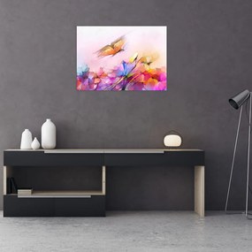 Sklenený obraz - Motýľ nad kvetinou, abstrakcia (70x50 cm)
