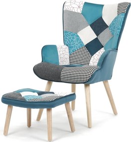 Relaxačné kreslo ušiak LISA + taburet — masív, látka, modrý patchwork