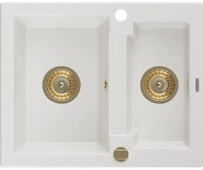 Mexen Carlos, granitový drez 582x475x177 mm, 1,5-komorový, biela so zlatým sifónom, 6518581500-20-G